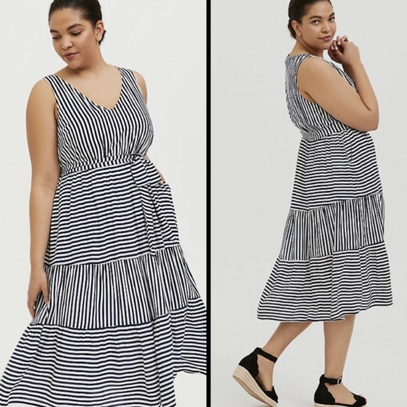 torrid Dresses & Skirts - Torrid Midi Dress Navy Blue White Stripe Challis V Neck Self Tie Tiered Size 3X